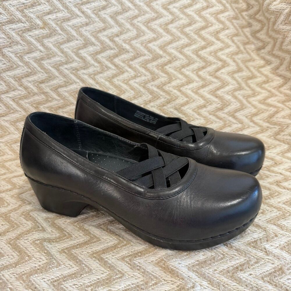 Dansko Tilda Elastic Criss Cross Strap Wedge Clog Leather Slip On Shoes